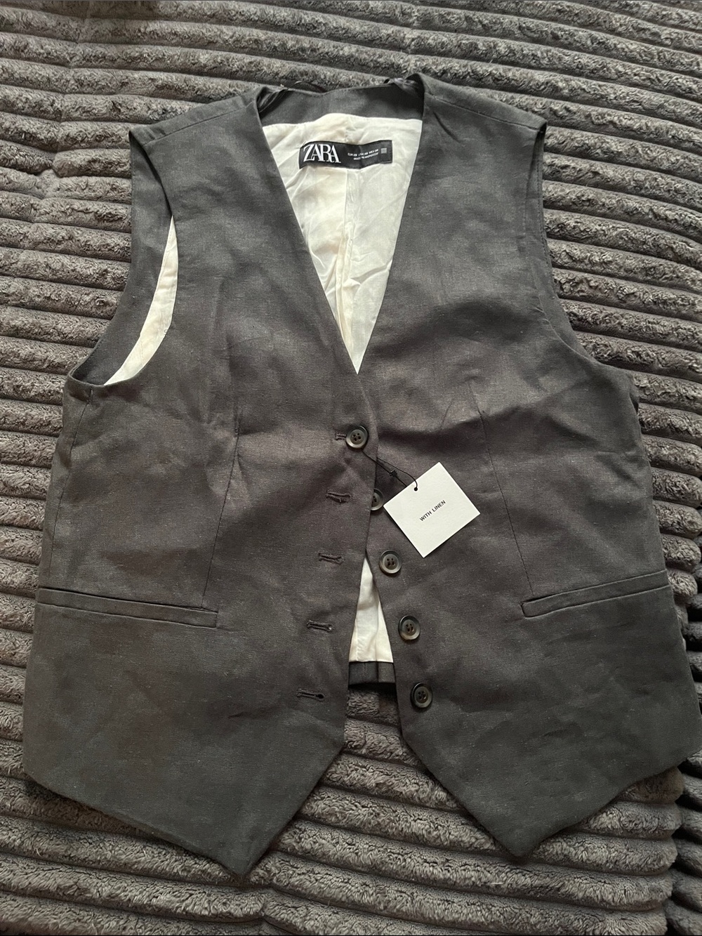 Zara Charcoal gray Vest with Cream Lining Linen collection XS
